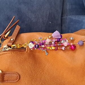 PURSE/BAG CHARM Handmade Dog-themed w/Glass Beads, Crystals, Metal Charms, 5.5"